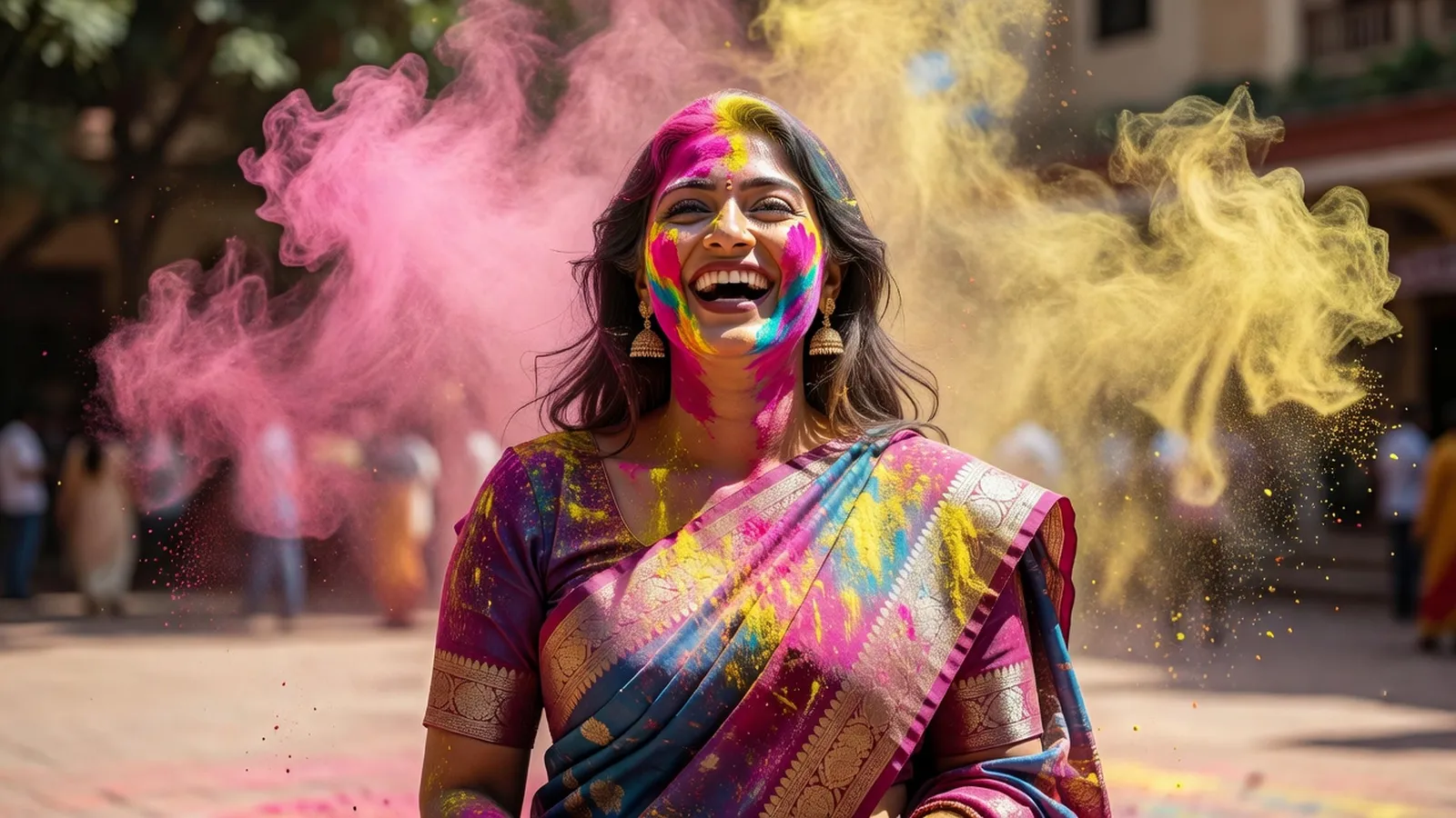 Femme en sari traditionnel riant au milieu de nuages de poudre colorée rose et jaune pendant la fête hindoue de Holi