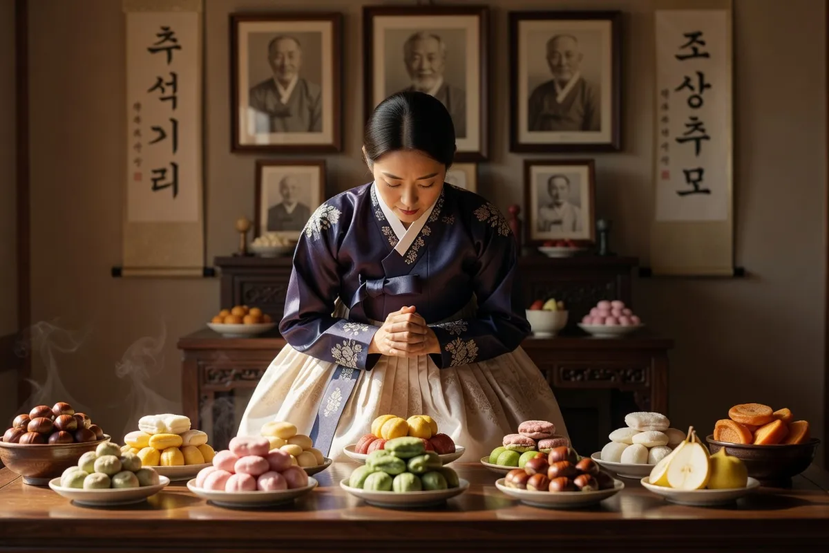 Femme en hanbok traditionnel coréen inclinée en recueillement devant une table commémorative chargée d'offrandes pour Chuseok