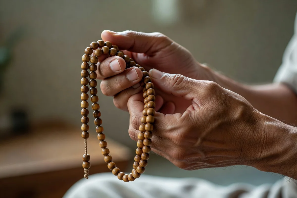 Mains tenant un chapelet de méditation mala en bois