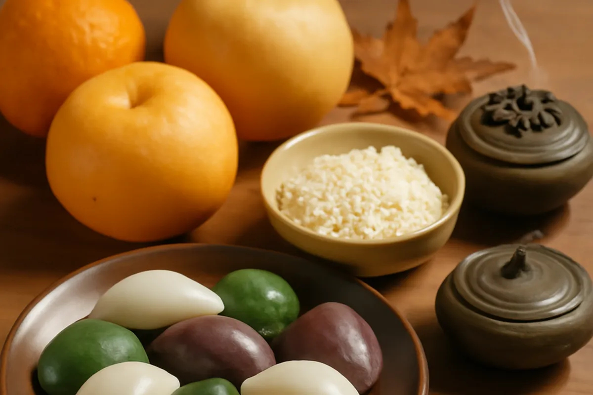 Assortiment de gâteaux de riz songpyeon colorés, de fruits d'automne et de bols en céramique disposés pour une offrande coréenne traditionnelle