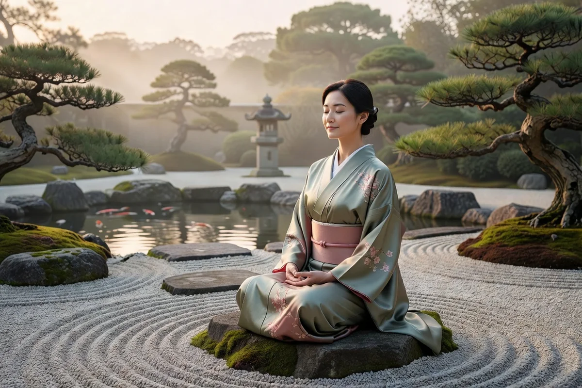 Femme méditant paisiblement dans un jardin japonais au lever du jour