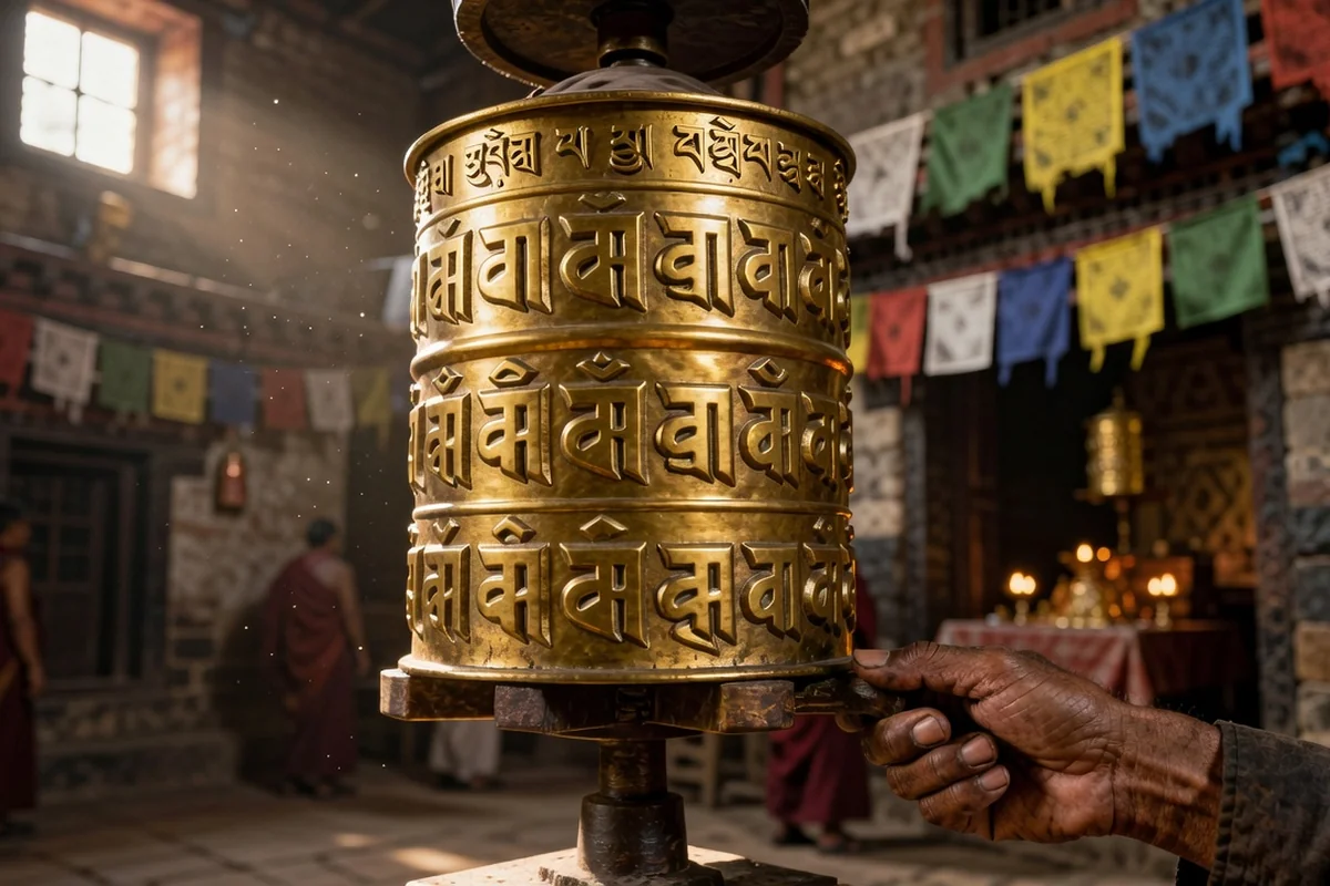 Main d'un pèlerin faisant tourner un moulin à prières doré à Kathmandu