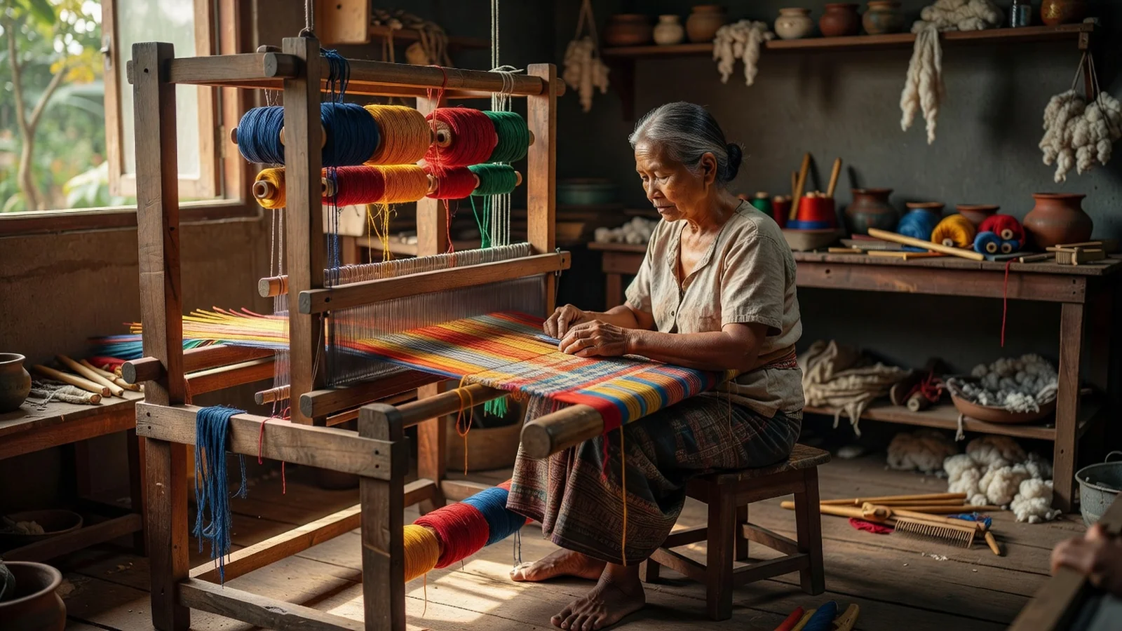 Artisane tissant un textile traditionnel sur un métier à tisser en bois