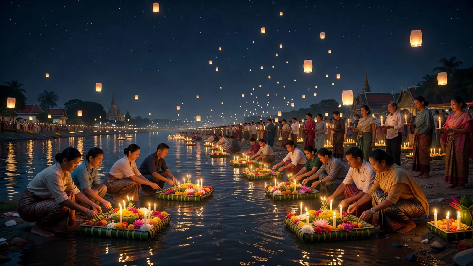 Lanternes traditionnelles allumées lors d'une fête asiatique nocturne