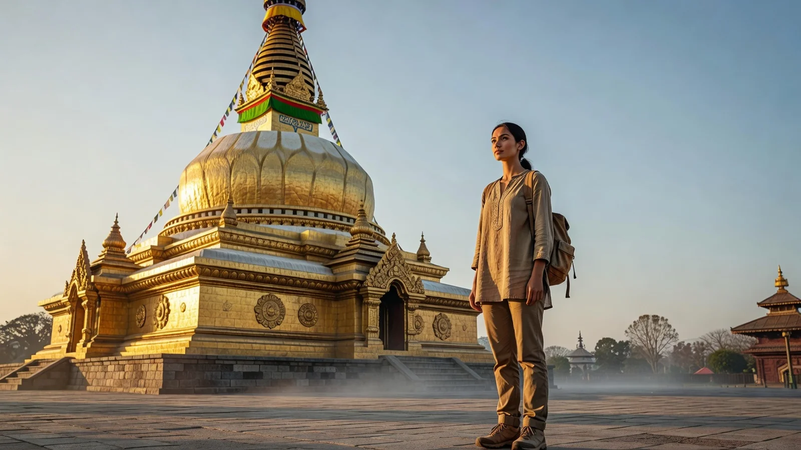 Voyageuse élégante contemplant un temple asiatique au lever du jour