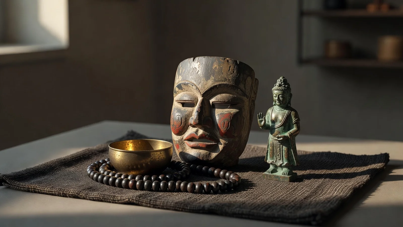 Collection d'objets traditionnels asiatiques : masque, statuette et bol rituel