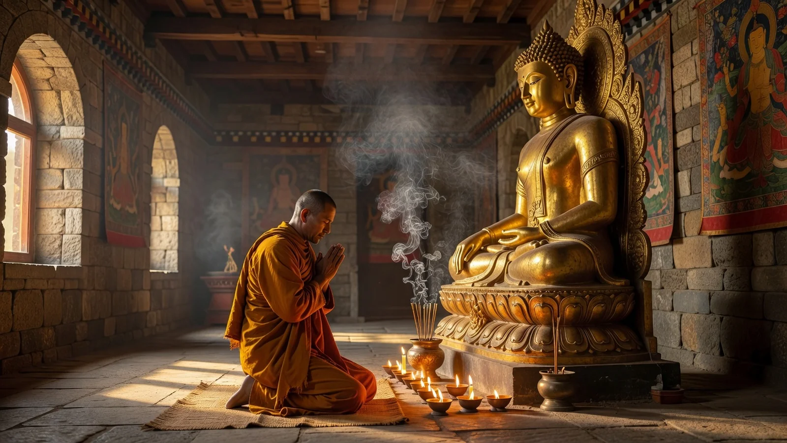 Temple bouddhiste au lever du soleil, moine en prière devant une statue dorée