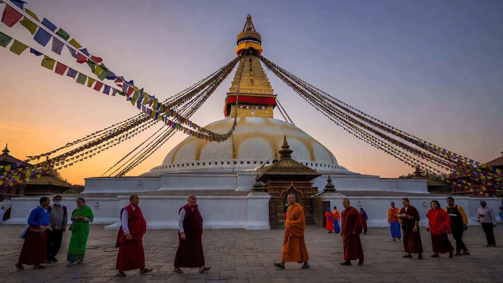 Stupa bouddhiste de Boudhanath avec ses yeux peints et ses drapeaux de prière