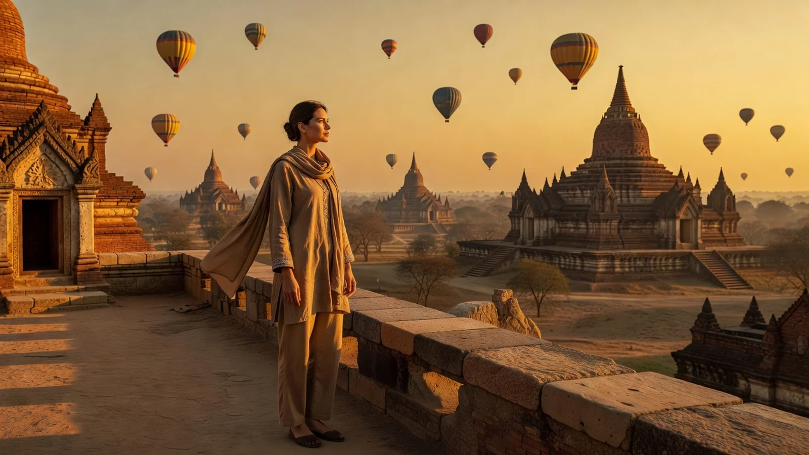 Voyageuse admirant un site patrimonial asiatique en fin de journée